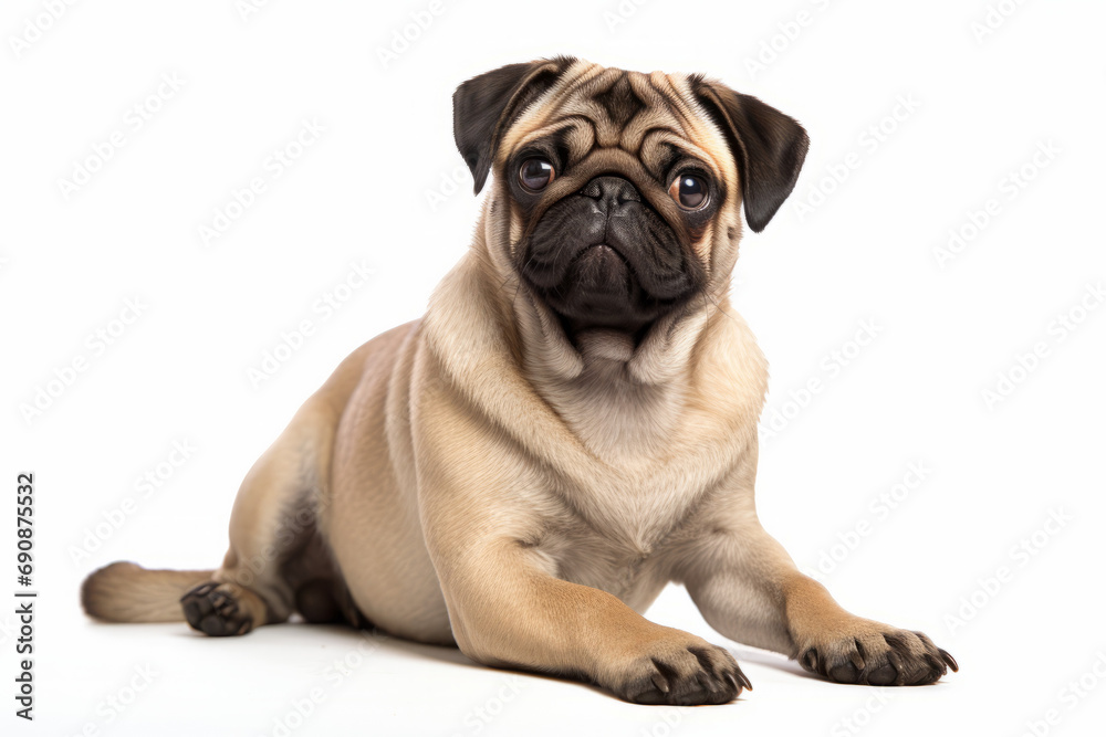 Close up photograph of a full body pug isolated on a solid white background