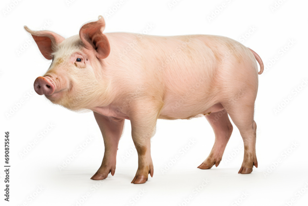 Close up photograph of a full body pig isolated on a solid white background Close up photograph of a full body pig isolated on a solid white background