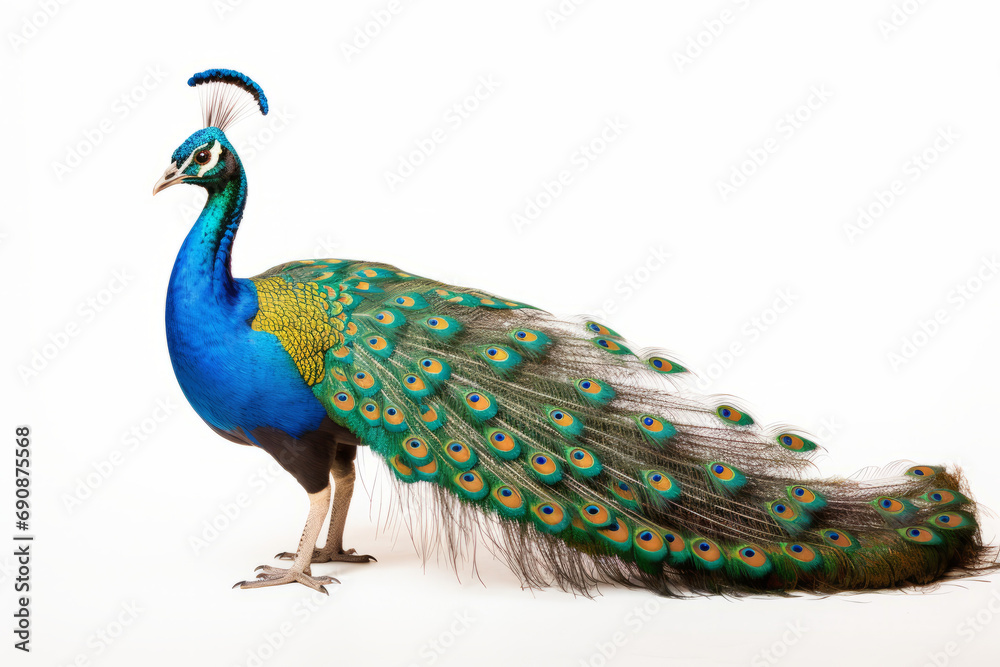 Obraz premium Close up photograph of a full body peacock isolated on a solid white background