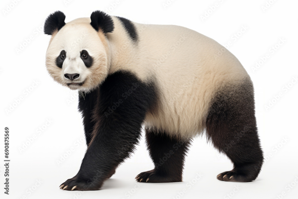 Obraz premium Close up photograph of a full body panda isolated on a solid white background