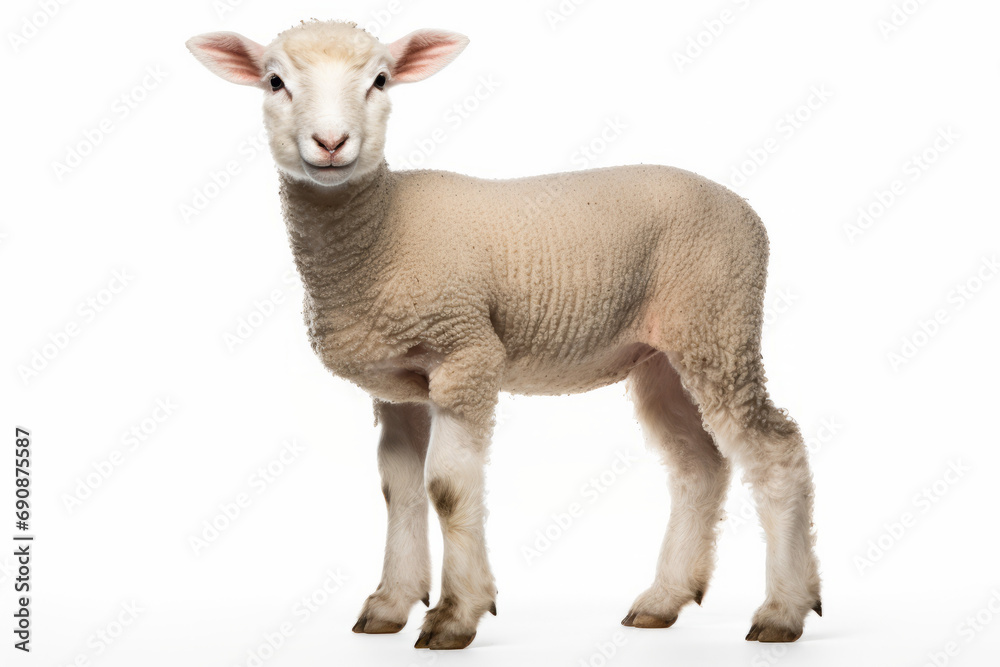 Close up photograph of a full body lamb isolated on a solid white background - obrazy, fototapety, plakaty 