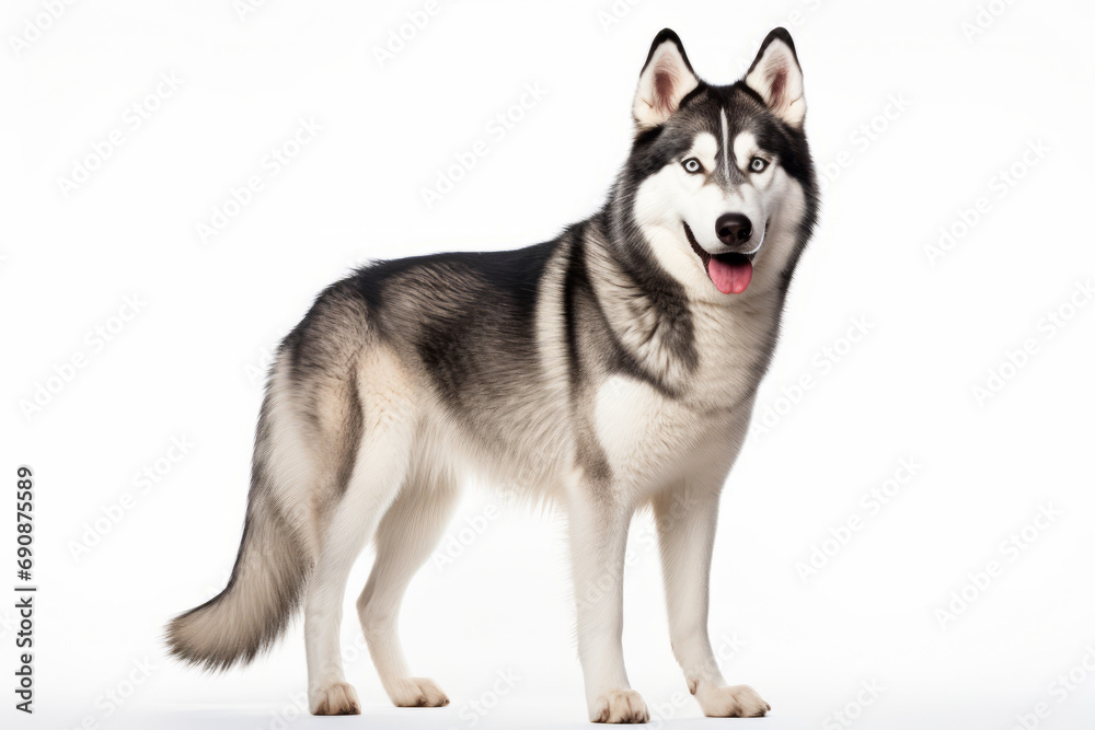Close up photograph of a full body husky isolated on a solid white background