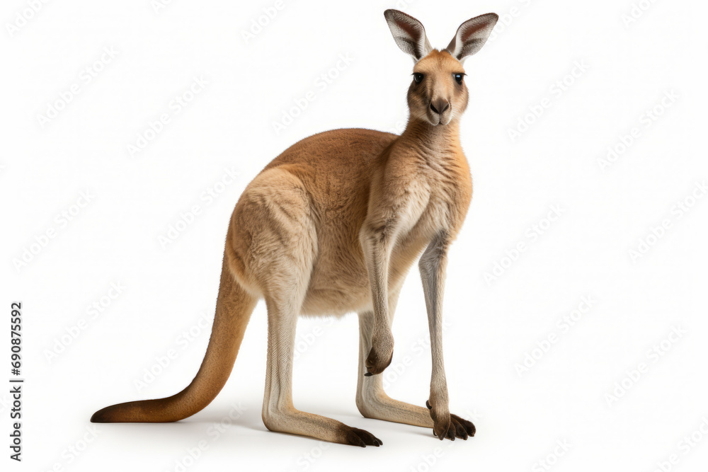 Close up photograph of a full body kangeroo isolated on a solid white background - obrazy, fototapety, plakaty 