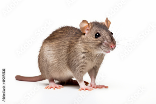 Close up photograph of a full body rat isolated on a solid white background