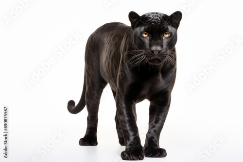 Close up photograph of a full body panther isolated on a solid white background