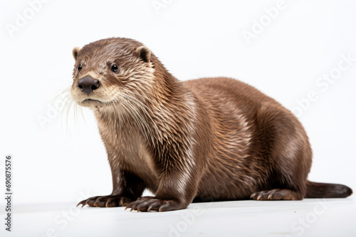 Close up photograph of a full body otter isolated on a solid white background © Castle Studio