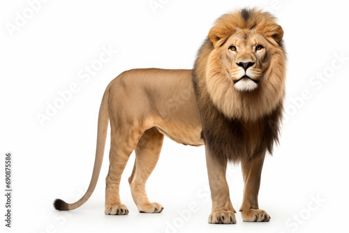 Close up photograph of a full body lion isolated on a solid white background