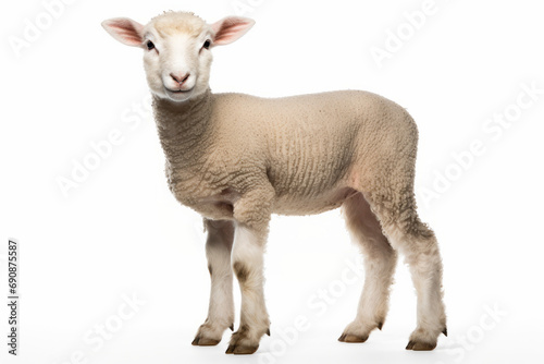 Close up photograph of a full body lamb isolated on a solid white background