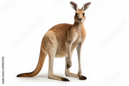 Close up photograph of a full body kangeroo isolated on a solid white background
