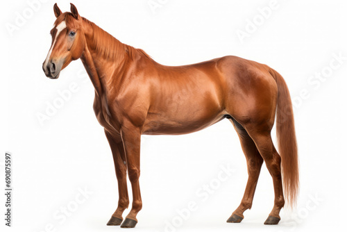 Close up photograph of a full body horse isolated on a solid white background