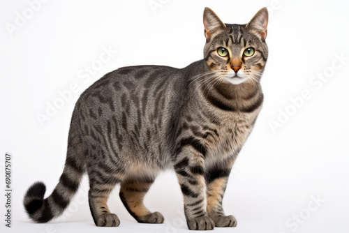 Close up photograph of a full body tabby cat isolated on a solid white background © Castle Studio