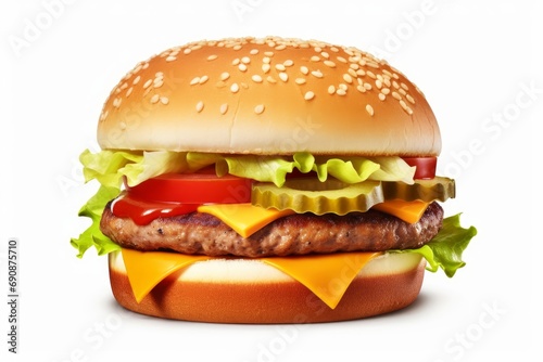 Cheeseburger isolated on white background. Sesame free bun, Generative AI