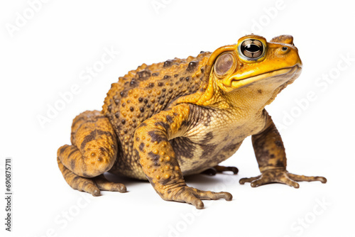 Close up photograph of a full body toad isolated on a solid white background