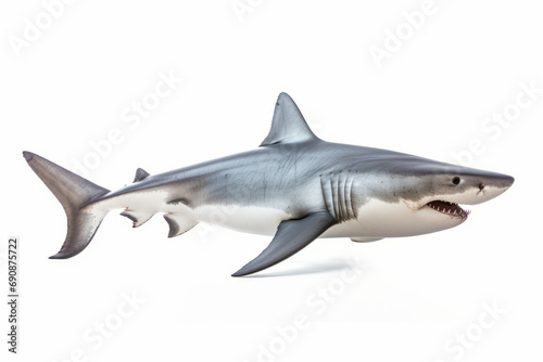 Close up photograph of a full body shark isolated on a solid white background