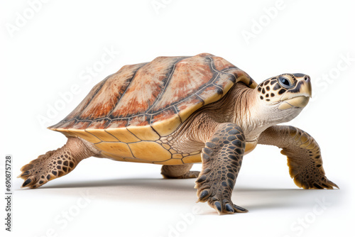 Close up photograph of a full body sea turtle isolated on a solid white background