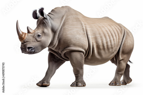 Close up photograph of a full body rhino isolated on a solid white background