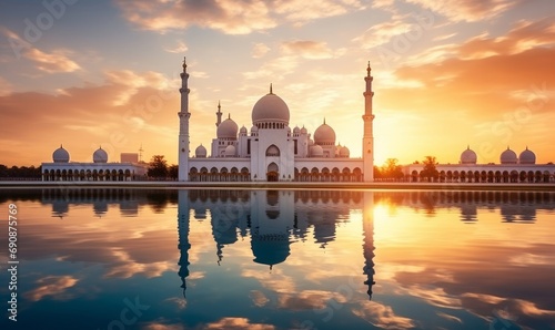 Abu Dhabi, UAE, Sheikh Zayed Grand Mosque in the Abu Dhabi, United Arab Emirates on a sunset view background. Generative AI © Pixel Hues