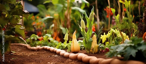 A permaculture garden with a mixed crop of corn, squash, and beans in a milpa bed. photo
