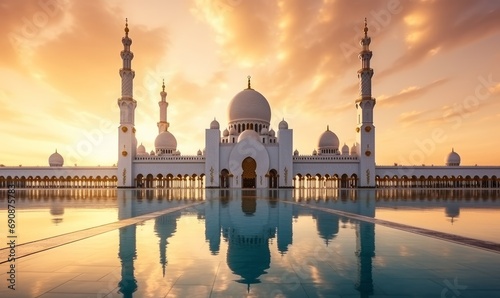 Abu Dhabi, UAE, Sheikh Zayed Grand Mosque in the Abu Dhabi, United Arab Emirates on a sunset view background. Generative AI photo