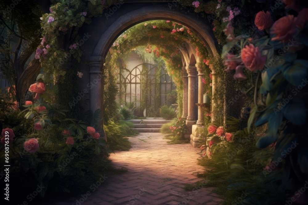 A beautiful secret fairytale garden with flower arches and beautiful tropical forest with colorful vegetation, Generative AI