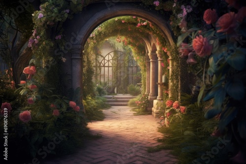 A beautiful secret fairytale garden with flower arches and beautiful tropical forest with colorful vegetation, Generative AI © Lens Lore