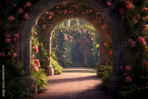 A beautiful secret fairytale garden with flower arches and beautiful tropical forest with colorful vegetation  Generative AI
