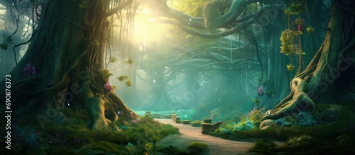 A beautiful fairytale enchanted forest with big trees and great vegetation. Generative AI