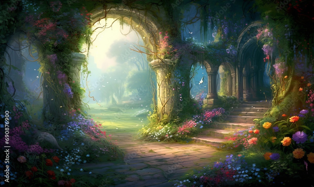A beautiful secret fairytale garden with flower arches and colorful greenery. Illustration, Generative AI - obrazy, fototapety, plakaty 