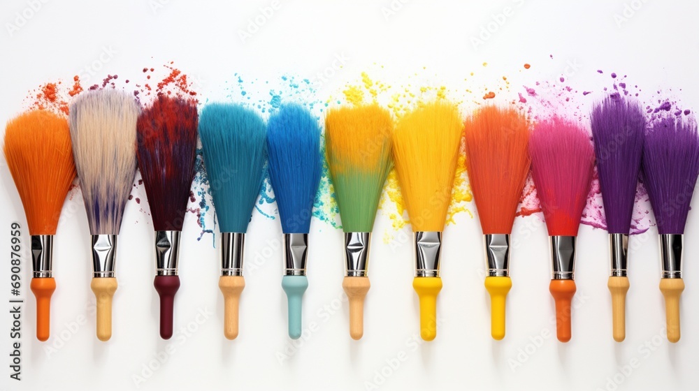 a selection of vibrant hair brushes, each with its unique color and texture, set against a pure white canvas. - obrazy, fototapety, plakaty 