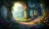 A beautiful secret fairytale garden with flower arches and colorful greenery. Illustration, Generative AI