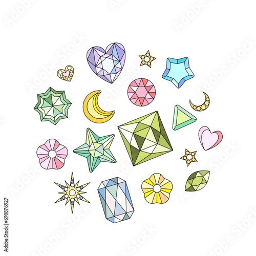 Set of shiny rhinestones and golden stars. Trendy 2000s crystal gem glamorous selection. Hand drawn vector illustration. 