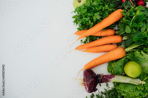 farm vegetables for cooking diet food carrots onions greens radishes photo