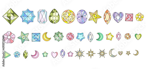 Set of shiny rhinestones and golden stars. Trendy 2000s crystal gem glamorous selection. Hand drawn vector illustration. 