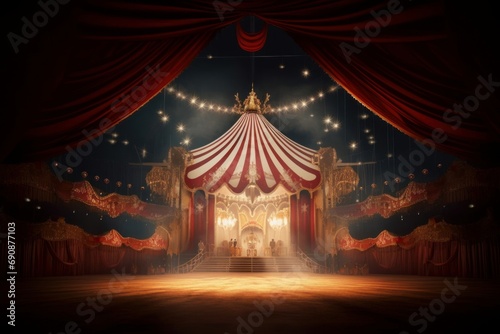 Image from inside a large circus illuminated by beautiful lights in its most incredible presentation, Generative AI photo