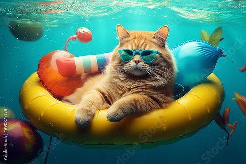 Handsome cat chilling on a pool float and playing with toy fish. Generative AI photo