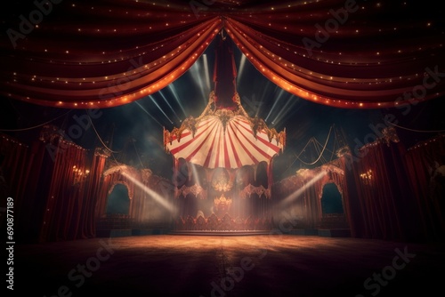 Image from inside a large circus illuminated by beautiful lights in its most incredible presentation, Generative AI