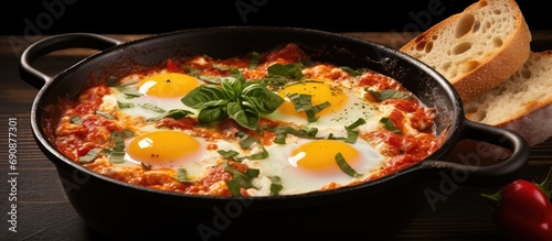 Savory Mediterranean shakshouka with eggs, spinach, celery, sheep milk cheese, pepper, and ciabatta. Served in a pan on a board. Horizontal, copy space.