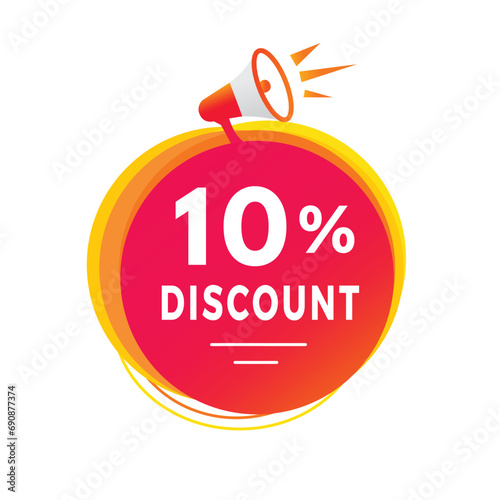 10 percent discount banner, modern label design with megaphone. Offer Store badge icon or advertising, business. Modern vector design element.