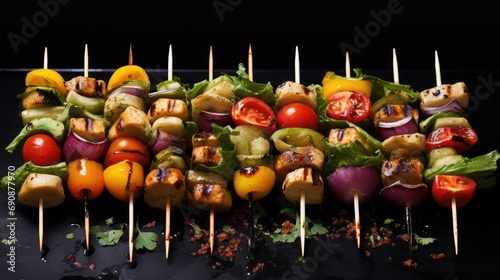 Barbecue with vegetable skewers. Healthy food background. © kardaska