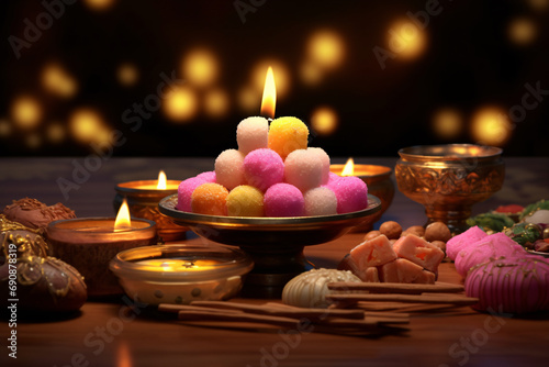 Delightful Diwali: Deepa lamps and sweets creating a festive atmosphere photo