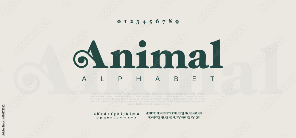 Animal premium luxury elegant alphabet letters and numbers. Elegant wedding typography classic serif font decorative vintage retro. Creative vector illustration - obrazy, fototapety, plakaty 