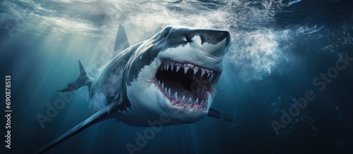 A large-jawed shark with sharp teeth is attacking underwater in the ocean.