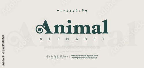 Animal premium luxury elegant alphabet letters and numbers. Elegant wedding typography classic serif font decorative vintage retro. Creative vector illustration