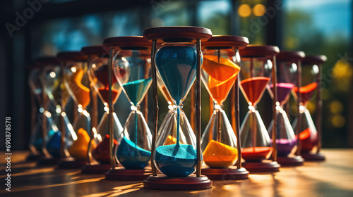 A row of colorful hourglass.Concept of time passing, urgency or deadline. photo