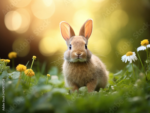 Cute little rabbit on a green grass with a sun flare.