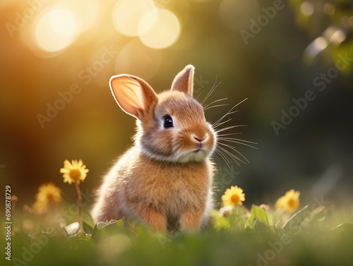 Cute little rabbit on a green grass with a sun flare.