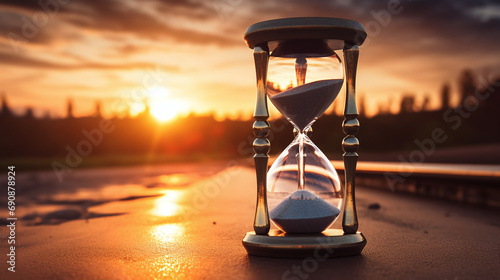 An hourglass with sunset background. Concept of time passing, urgency or deadline.