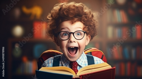 Portrait of excited school boy with background of classroom. photo