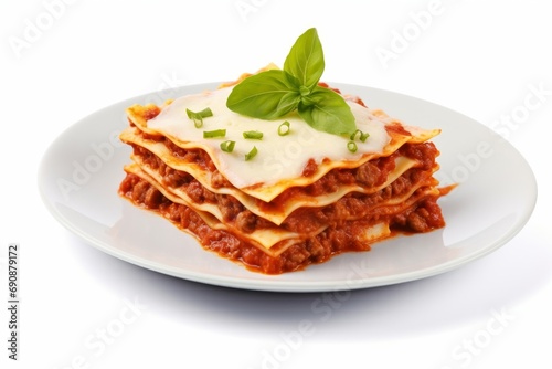 Lasagna on a plate isolated on white or white background, Generative AI