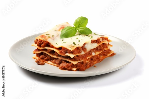 Lasagna on a plate isolated on white or white background, Generative AI